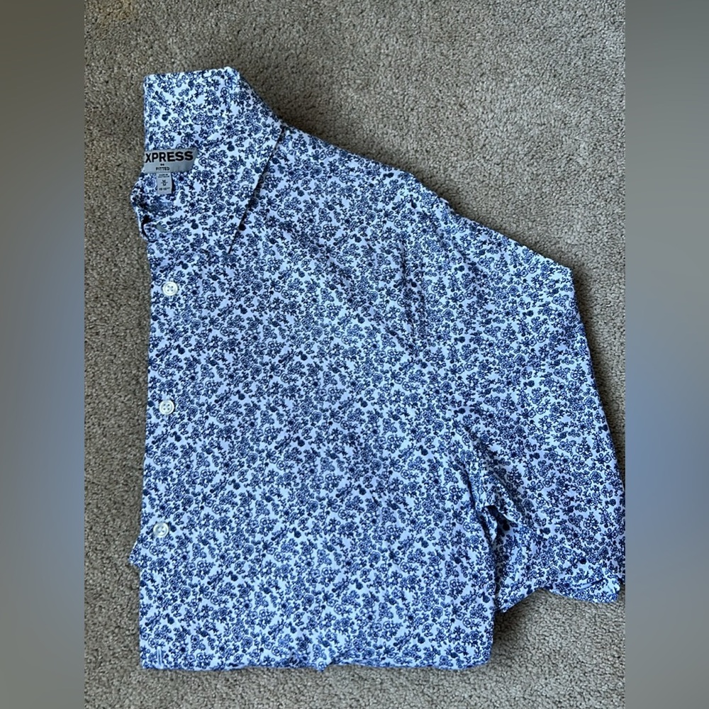 Express Men's White and Blue Patterned Shirt